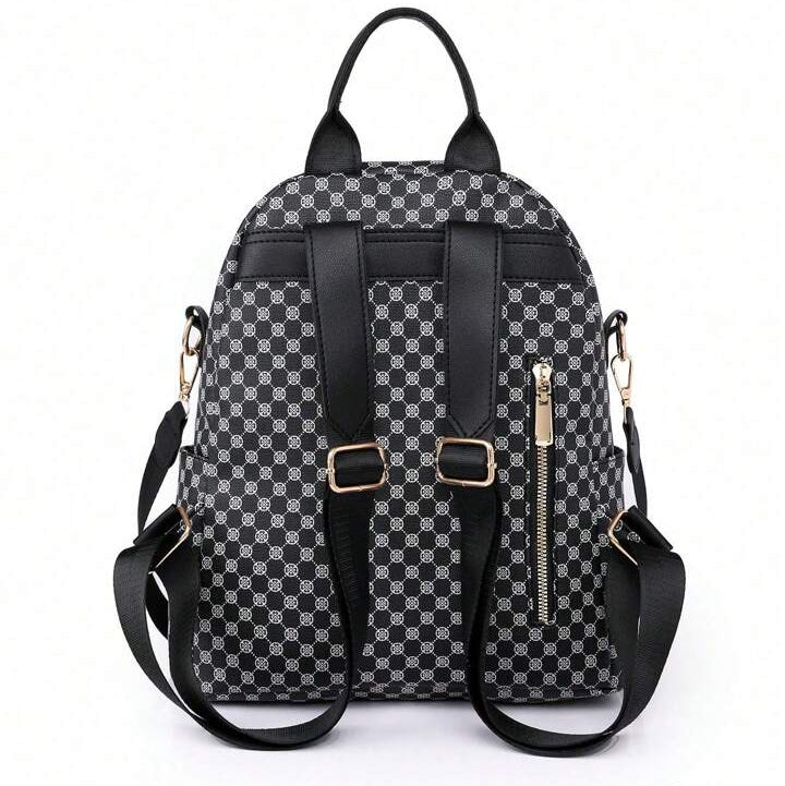 Gray checkered backpack with black straps on a white background
