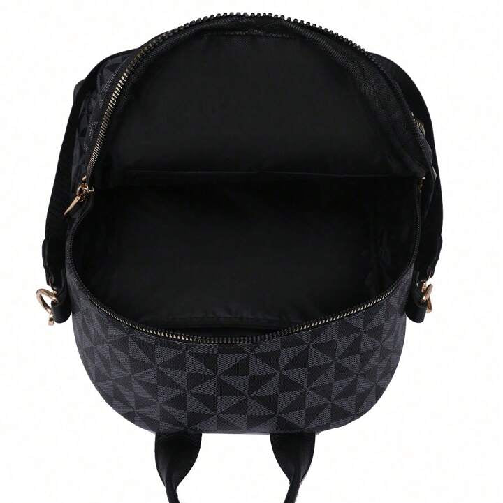 Black backpack with geometric pattern on a white background