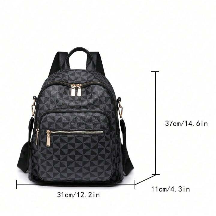 Black geometric patterned backpack with measurements on a white background