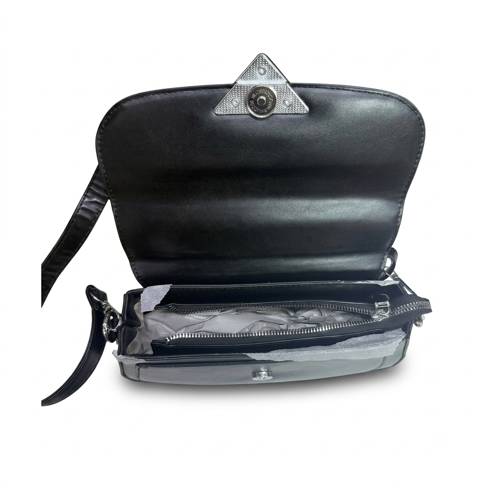 Black leather shoulder bag with a clear plastic front pocket and a silver-tone triangular metal clasp, shown open on a white background.