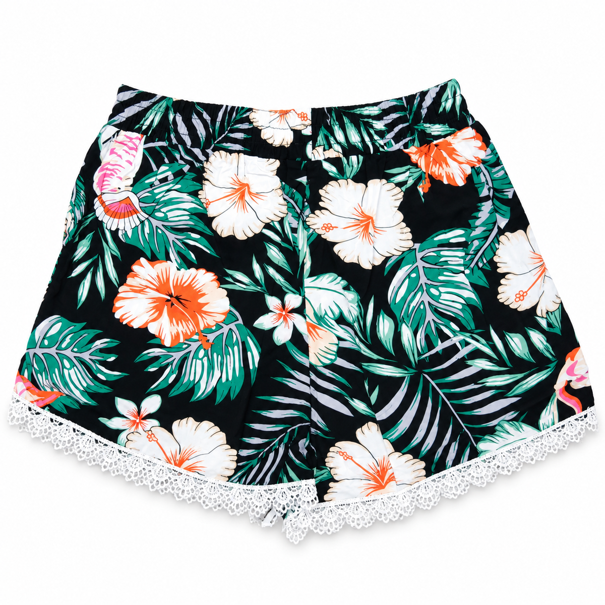 Women's black tropical hibiscus floral lounge shorts with elastic waistband, green tropical leaves and white scalloped lace hem – back view