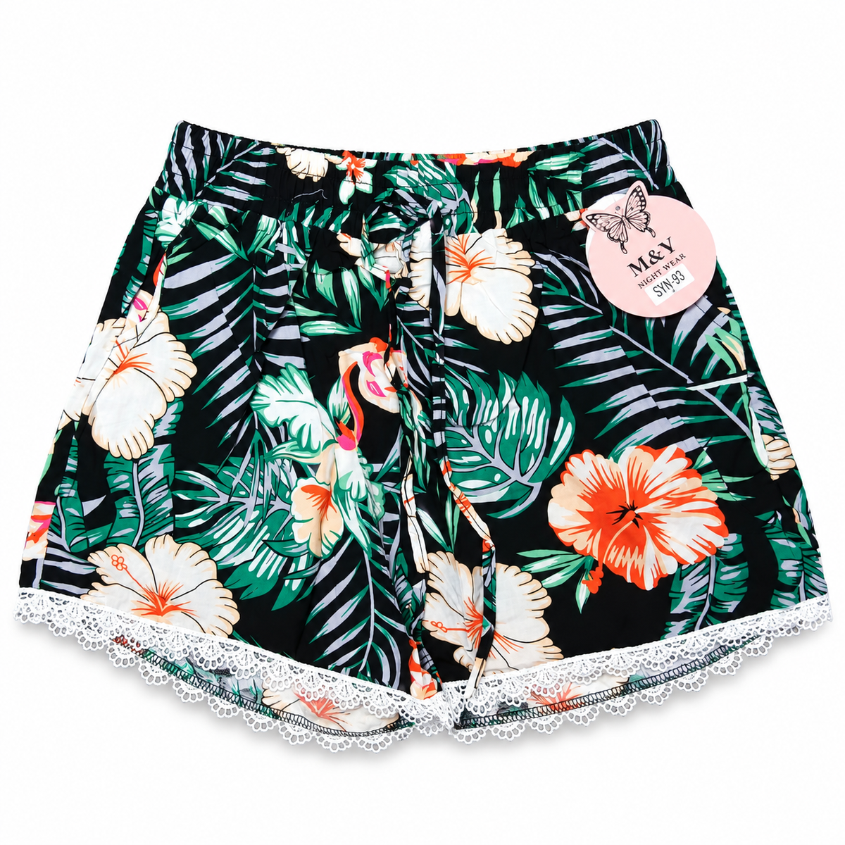 Women's black tropical floral lounge shorts with orange and white hibiscus flowers, green leaves and white lace trim – front view