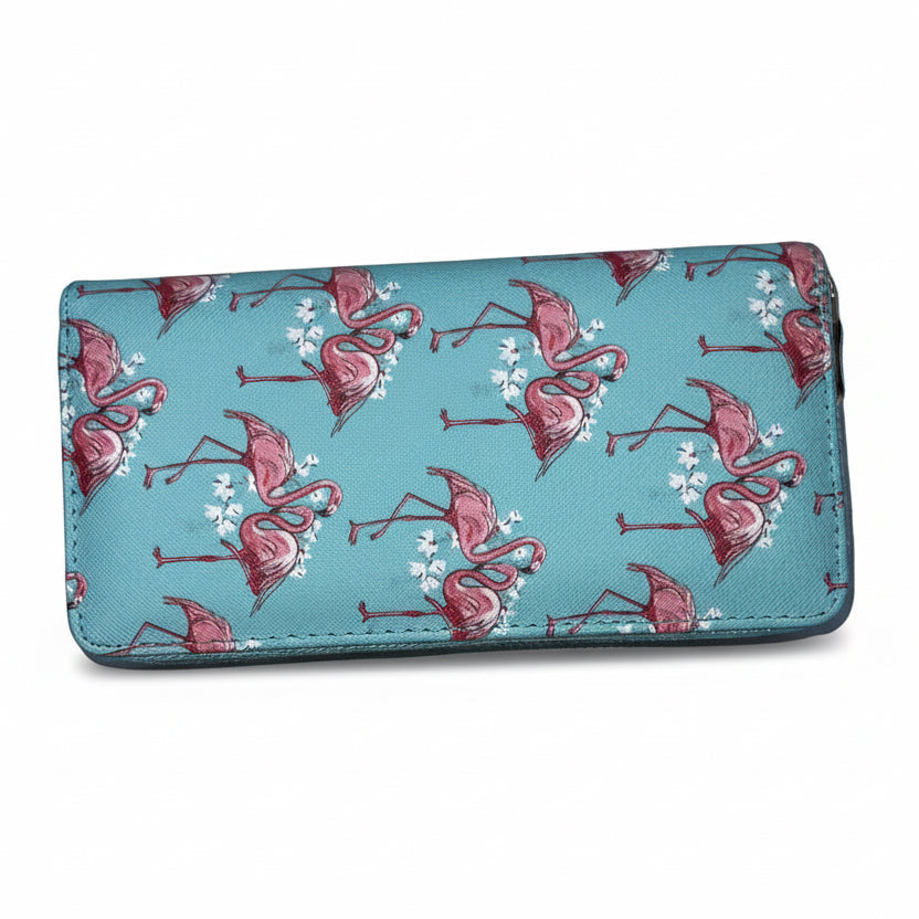 Women's light blue zip-around wallet with pink flamingo print front view