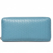 Women's light blue lizard-textured zip-around wallet front view