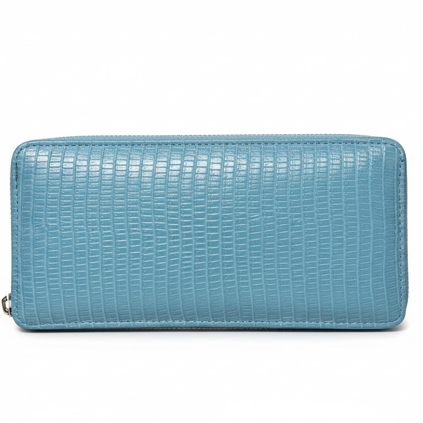 Women's light blue lizard-textured zip-around wallet front view