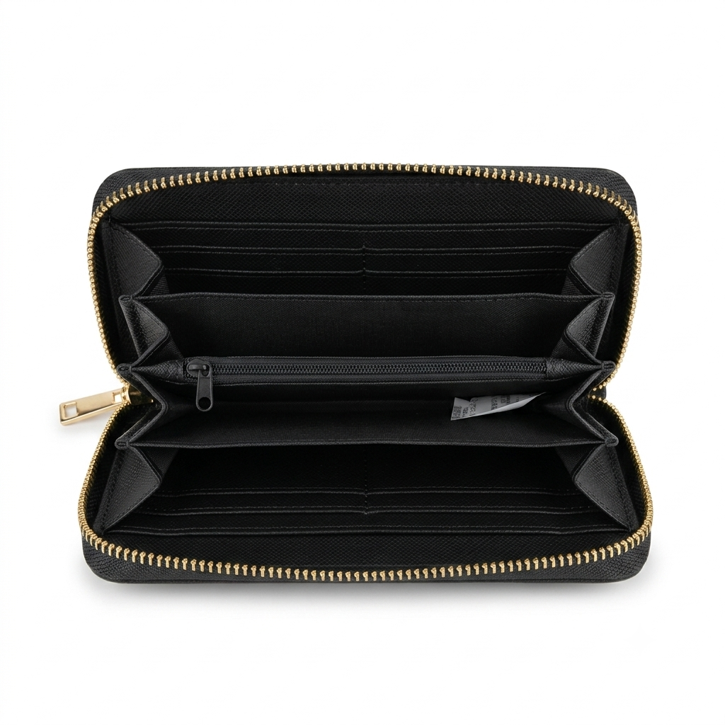 Interior view of open black zip-around wallet with multiple card slots and zipped compartment