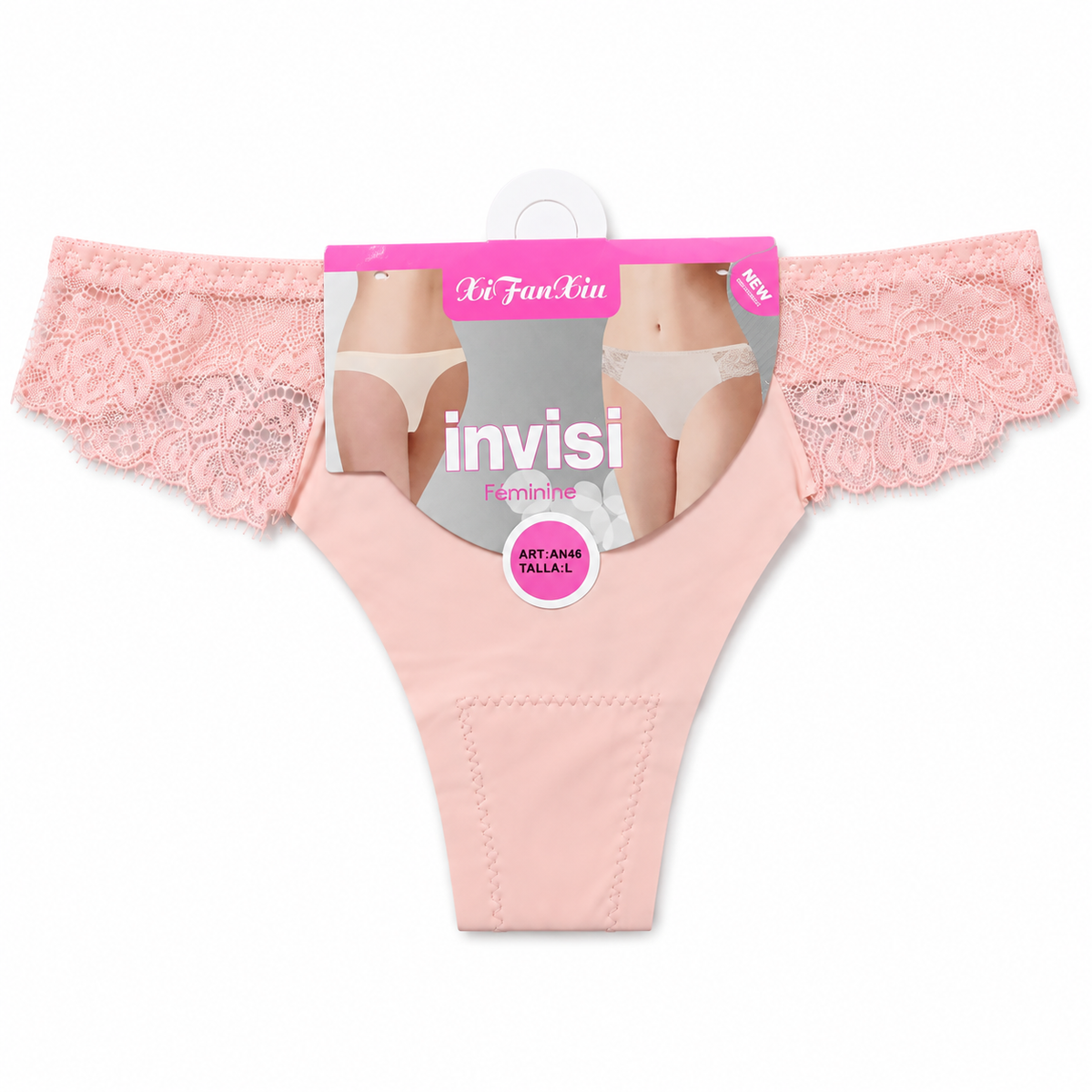 Women’s blush pink lace-trim brief panty front view