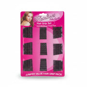Womens black bobby pins organized in rows on a bright pink display card packaging