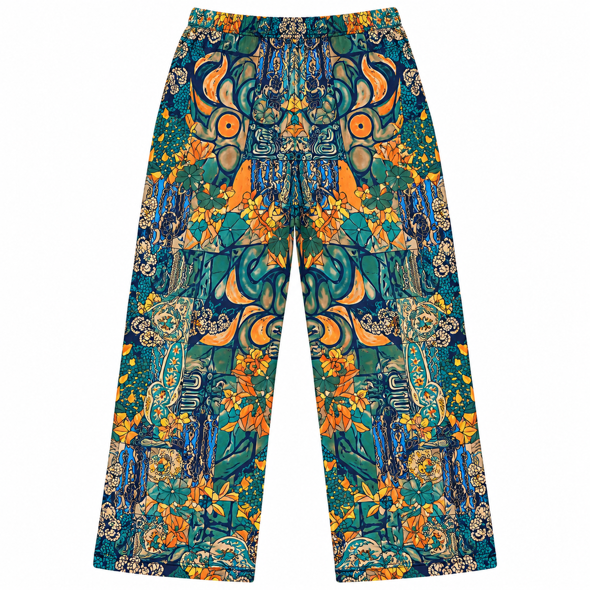 Back view of women’s multicolor bohemian print wide-leg pants