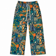 Women’s bohemian print wide-leg pants with teal, orange and blue pattern