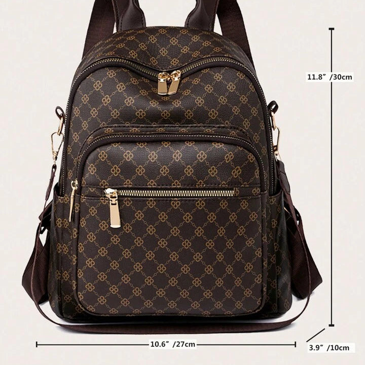 Brown patterned backpack with gold zippers and measurements on a beige background