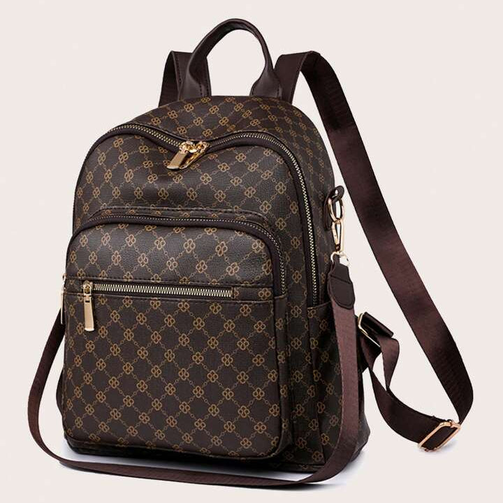 Womens brown casual backpack featuring an all over geometric pattern, gold tone zippers, and adjustable shoulder straps
