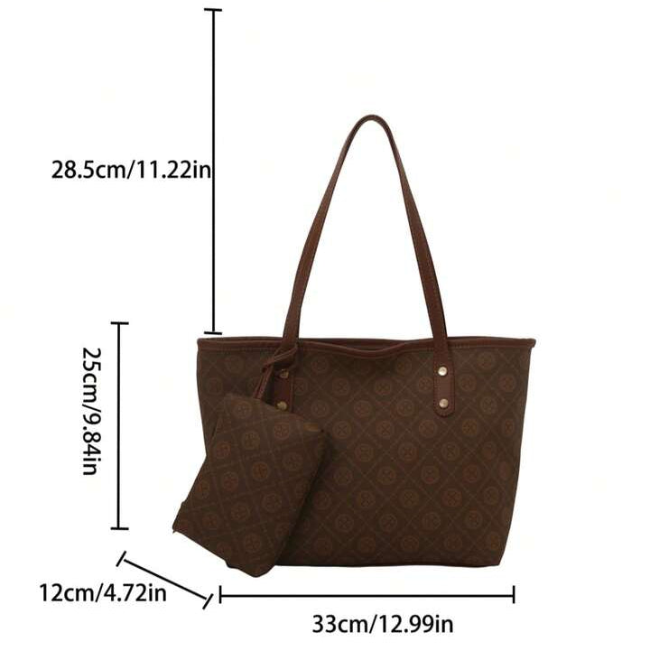 Brown quilted handbag with dimensions displayed on a white background