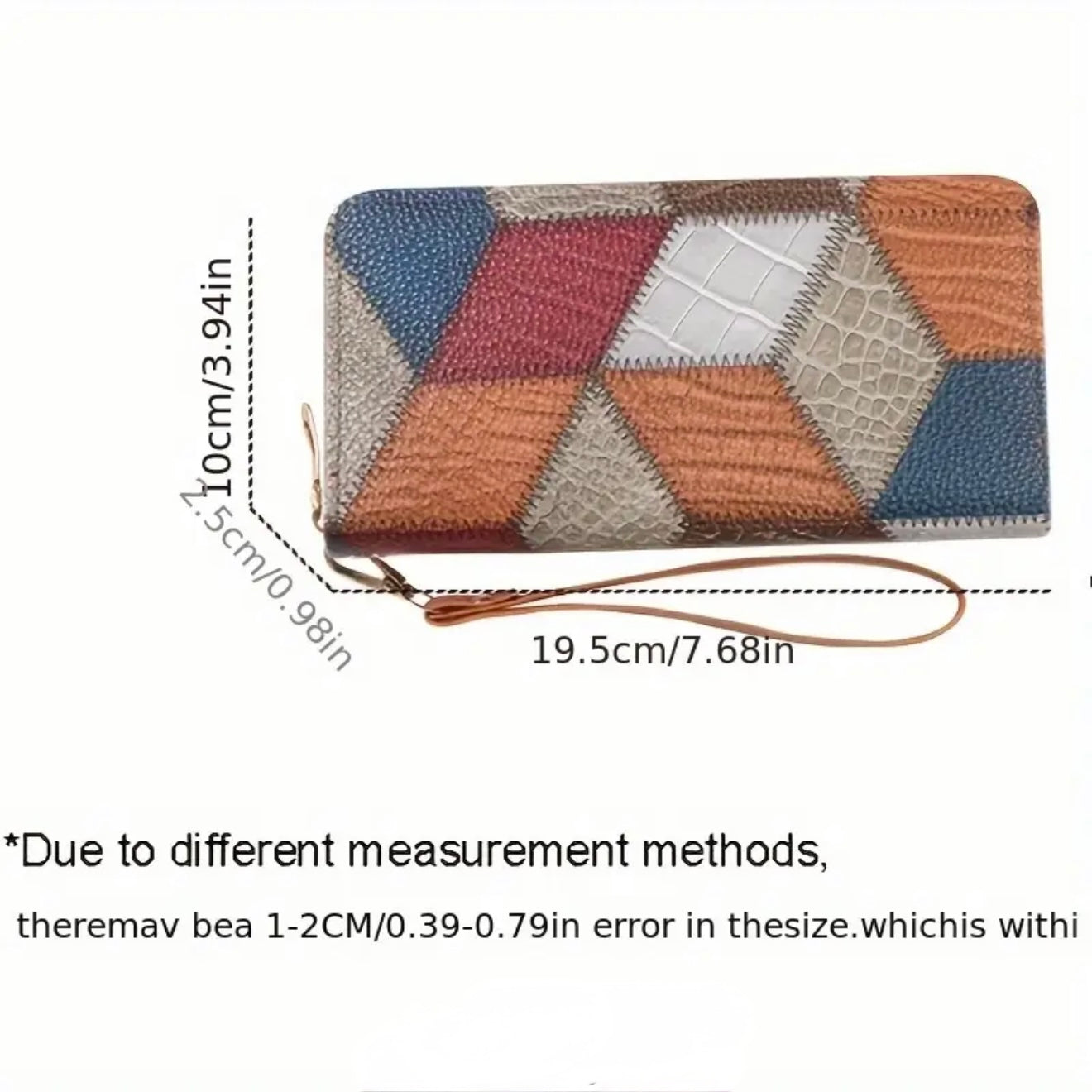Multicolored geometric patterned wallet with measurements on a white background