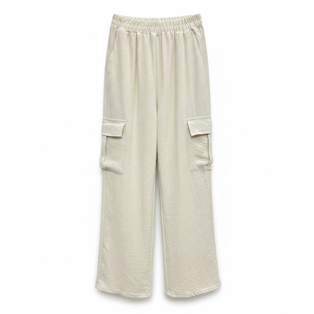 Womens white cargo sweatpants with drawstring waistband and side utility pockets