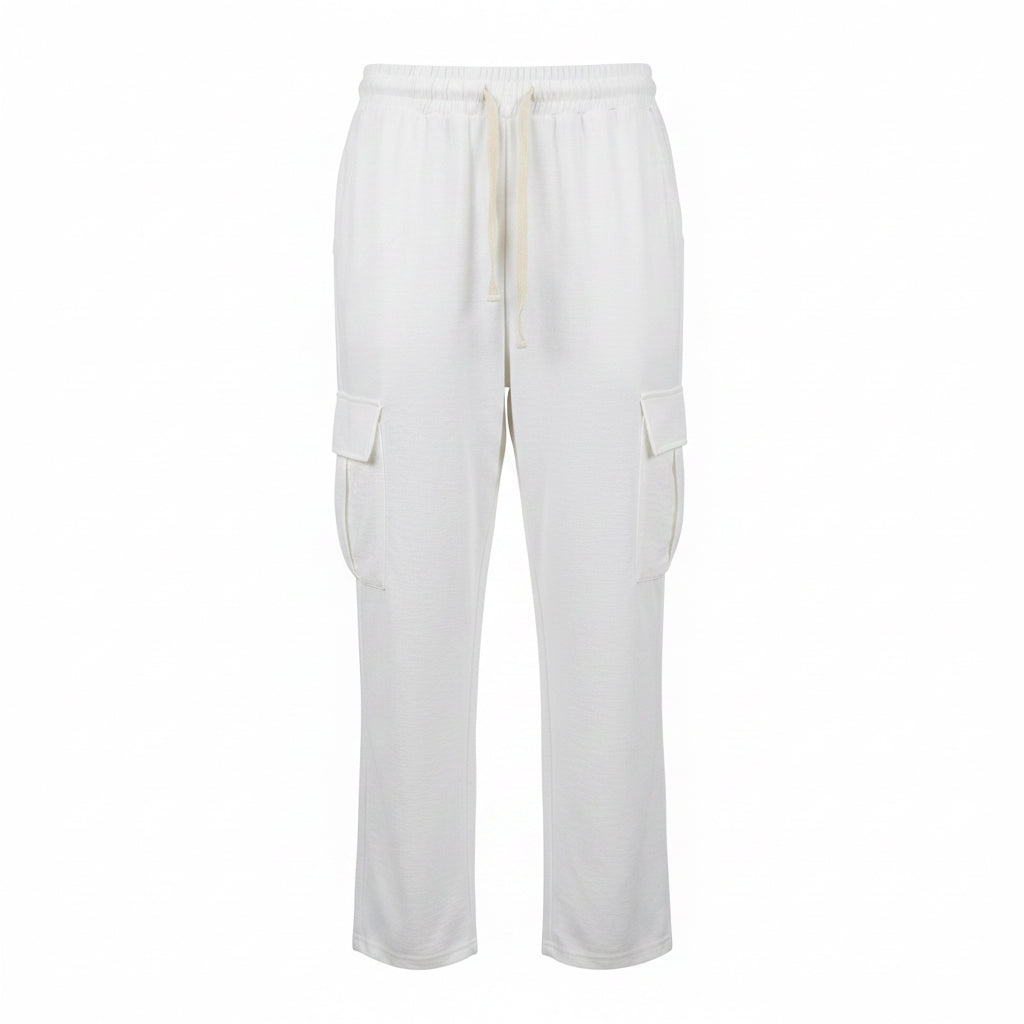 Womens white cargo sweatpants with drawstring waistband and side utility pockets
