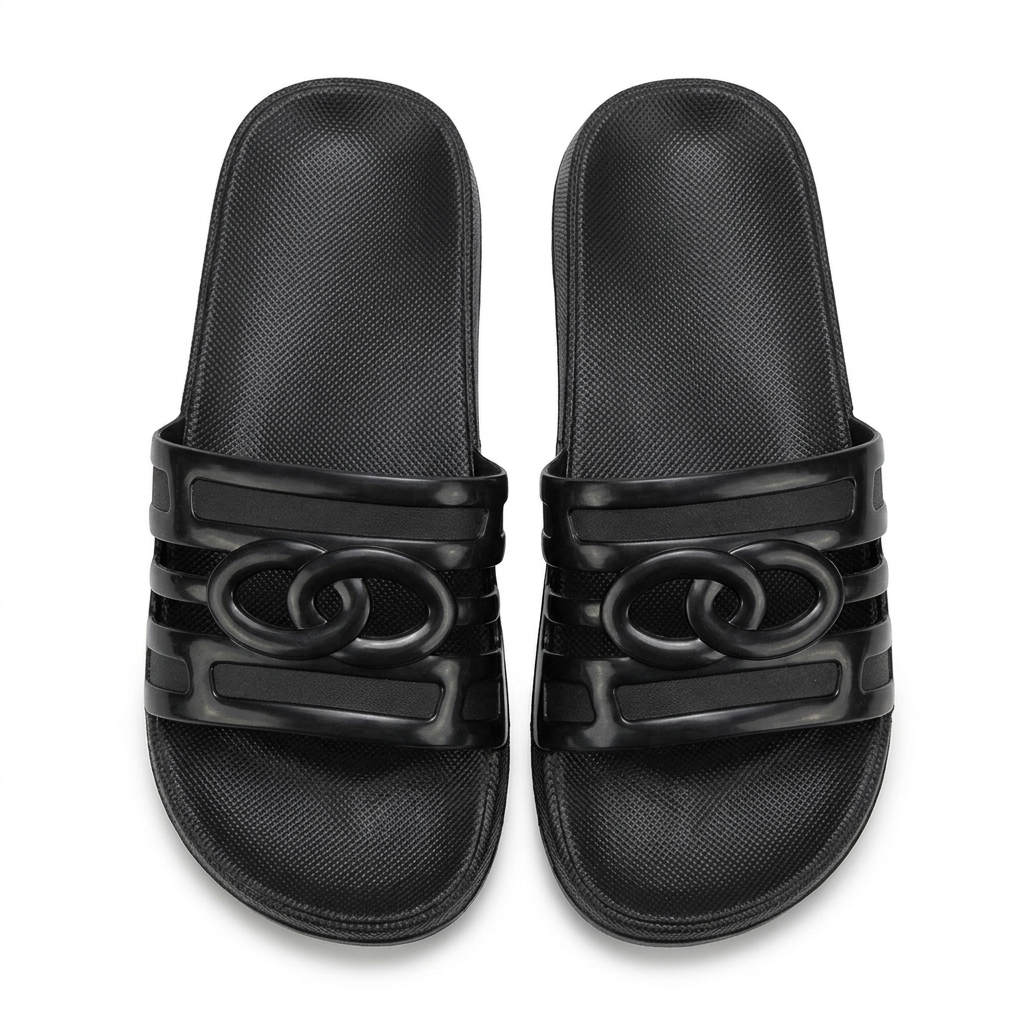 A pair of black slide sandals with a glossy interlocking double-ring design across the straps, shown from a top-down view on a white background.
