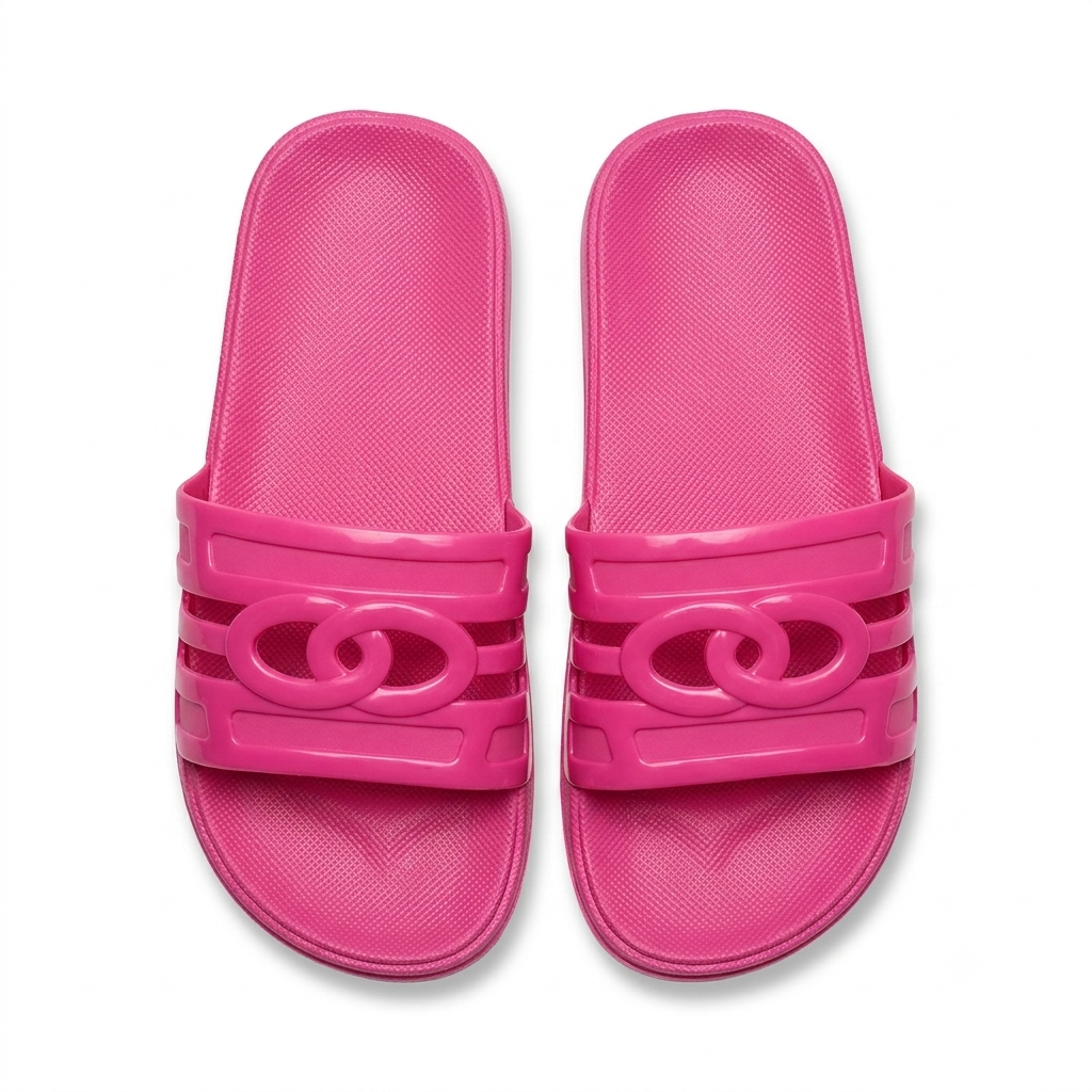 A pair of bright pink slide sandals with a glossy interlocking double-O logo on the strap, shown from a top-down view on a white background.