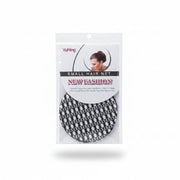 Womens black nylon mesh hair net bun cover with a flexible elastic border packaged in a clear bag