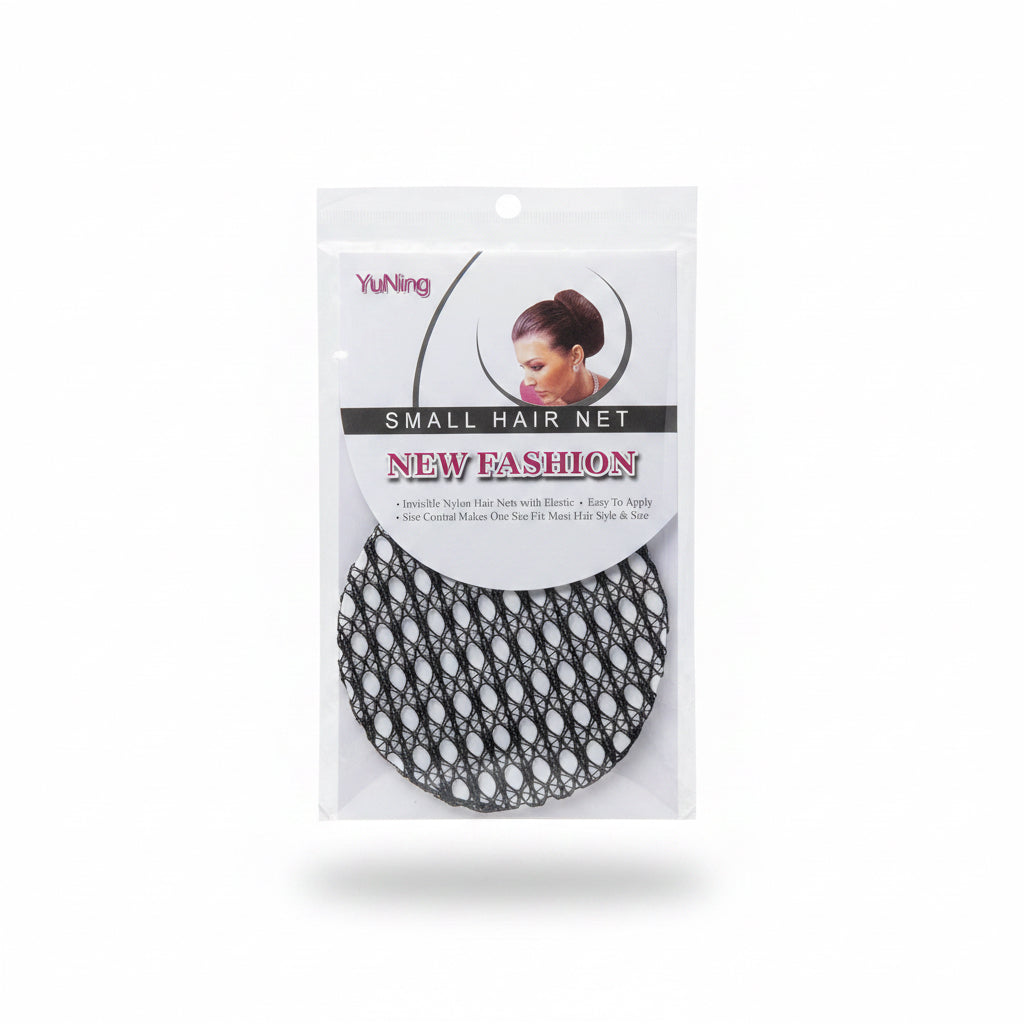 Womens black nylon mesh hair net bun cover with a flexible elastic border packaged in a clear bag