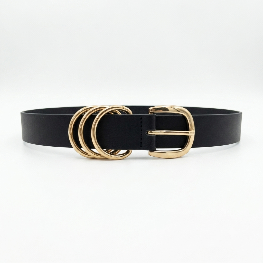 Women's fashion belt in black faux leather with a triple gold ring buckle on a white background