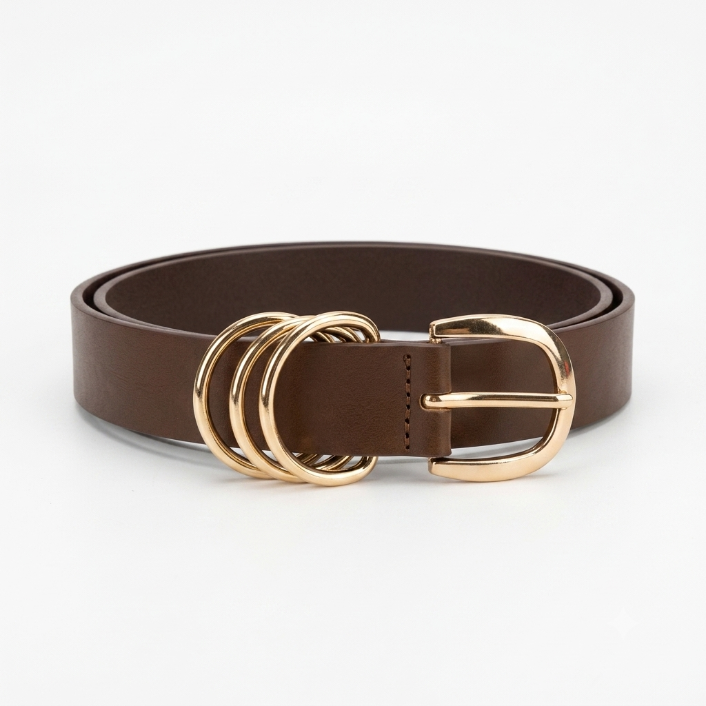 Women's fashion belt in brown faux leather with a triple gold ring buckle on a white background