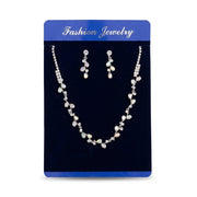 Women's silver-tone floral leaf vine necklace and matching teardrop crystal drop earrings set on velvet card