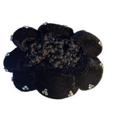 Womens black fabric flower hair snood net bun cover decorated with small rhinestones on the petal edges
