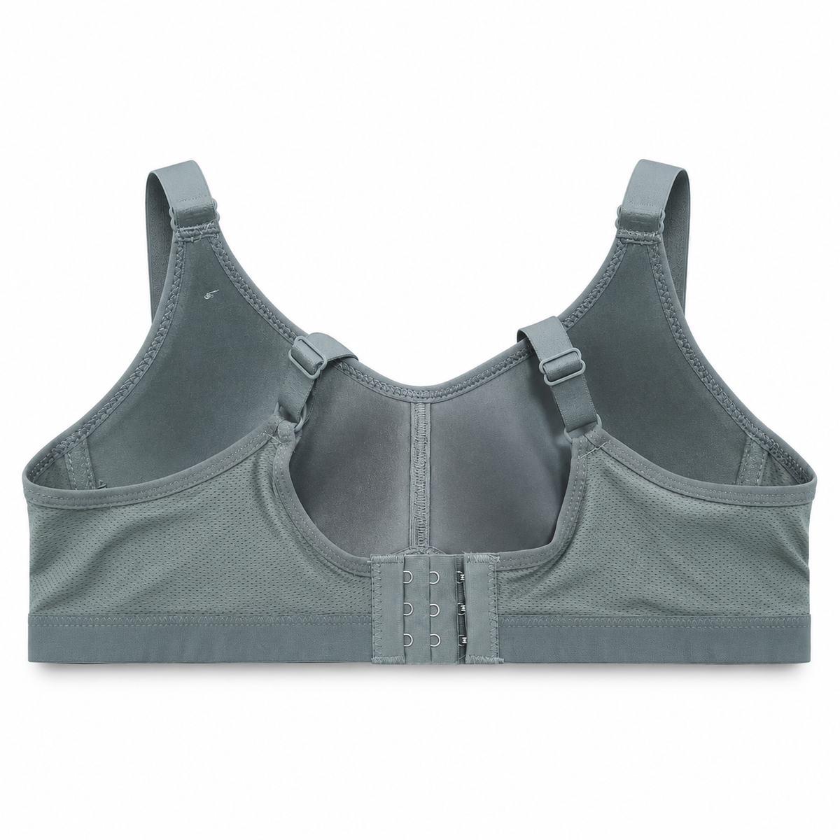Women's sage grey full-coverage padded bra with adjustable straps and hook closure back view