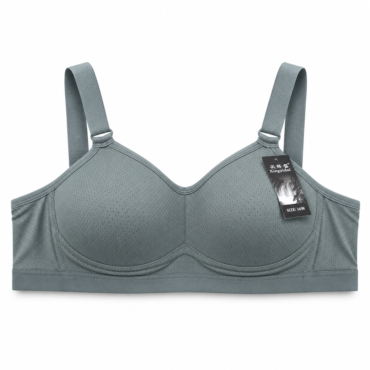 Women's sage grey full-coverage padded bra with adjustable straps front view