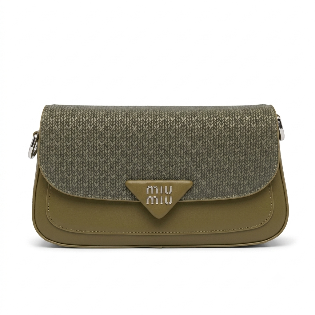 Miu Miu shoulder bag in olive green and gray herringbone tweed, featuring a triangular metal logo clasp on the front flap.