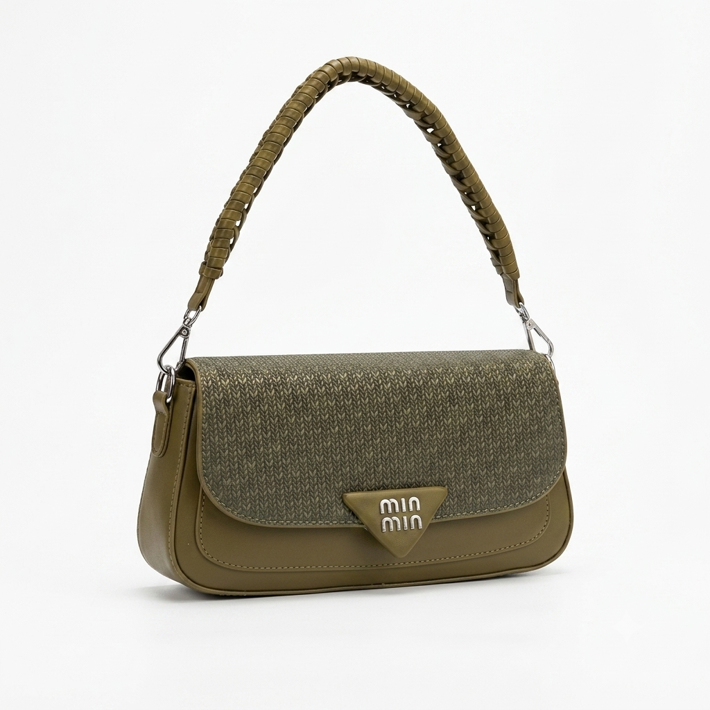 An olive green Miu Miu shoulder bag with a textured woven flap, a braided top handle, and a gold-tone triangular logo plaque on the front, set against a plain white background.