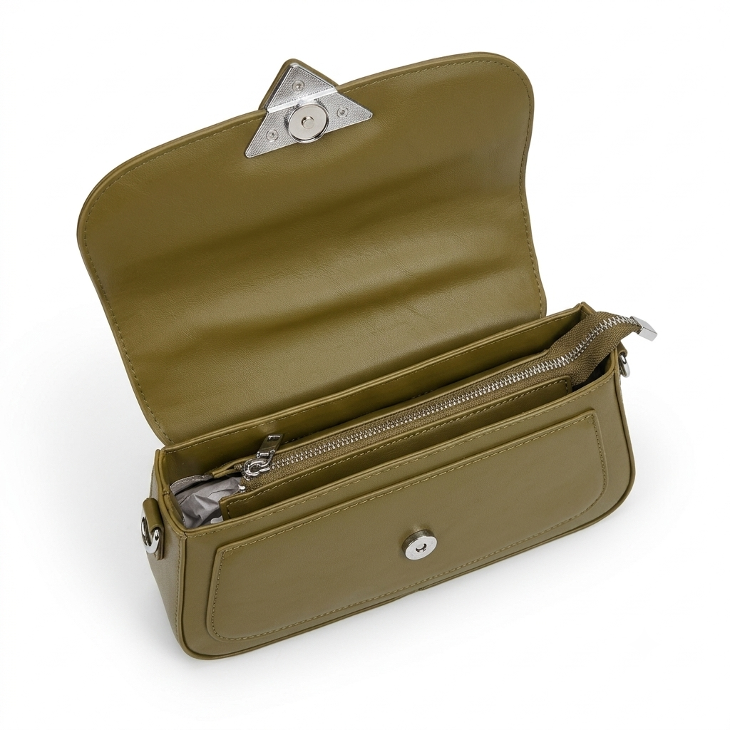 An olive green leather clutch handbag shown open, displaying its interior compartments, silver-tone hardware, and a triangular clasp on a clean white background.