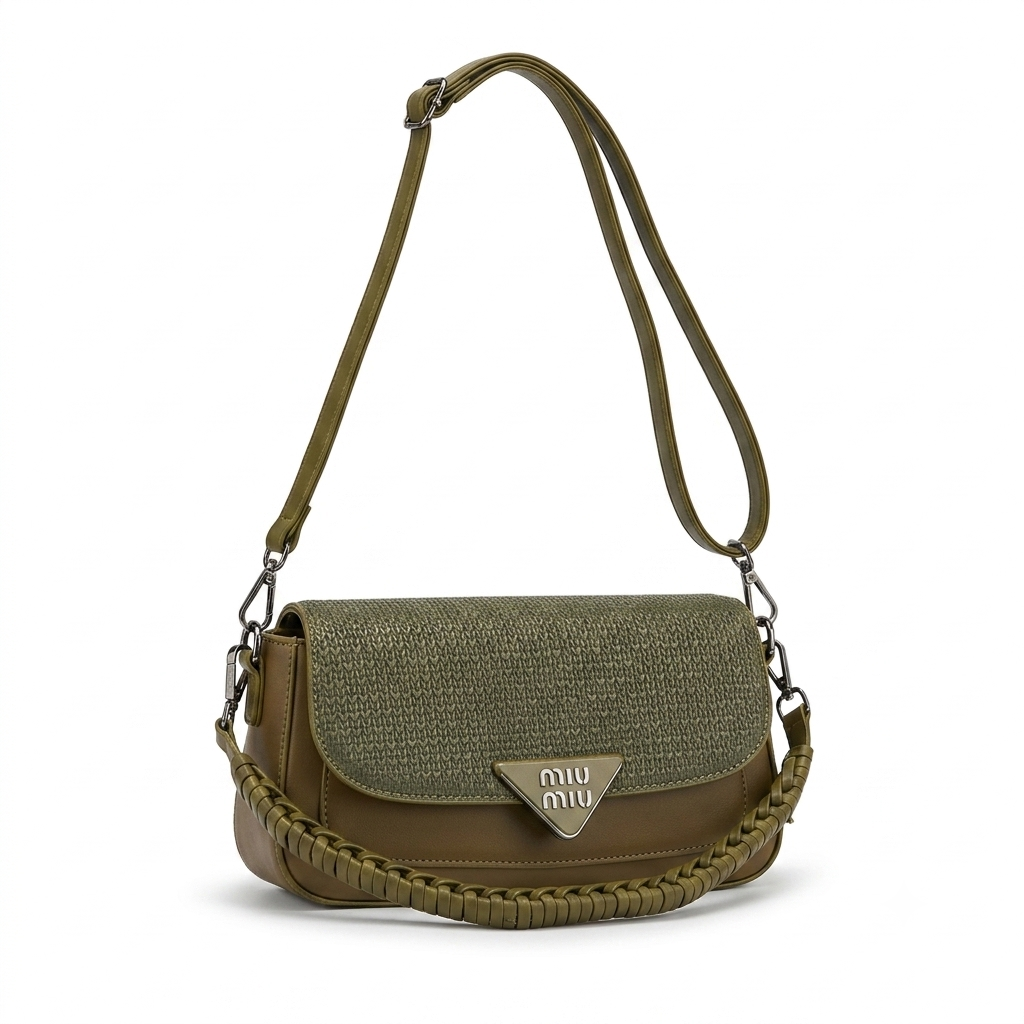 An olive green Miu Miu shoulder bag with a textured front flap, a silver-tone triangular logo plaque, and a braided shoulder strap, shown on a plain white background.