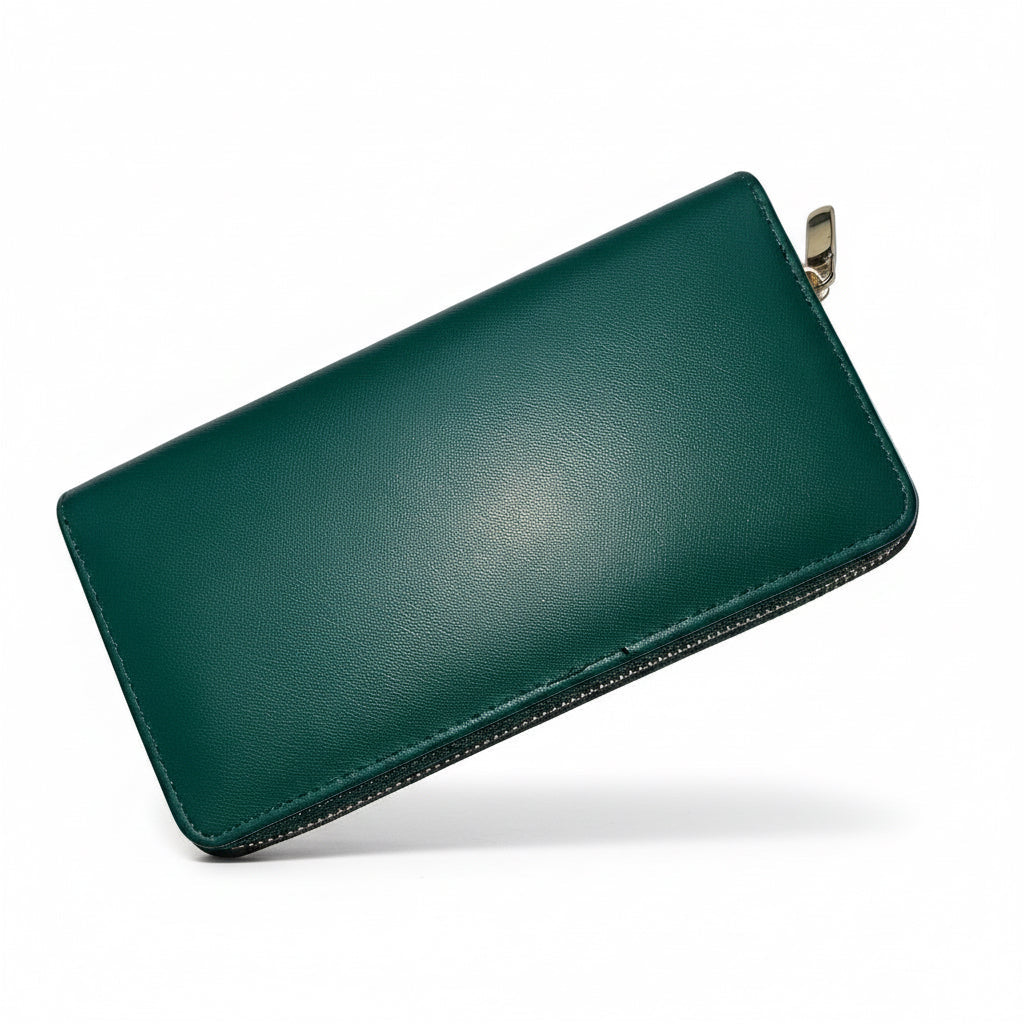 Women's green faux leather zip-around wallet front view