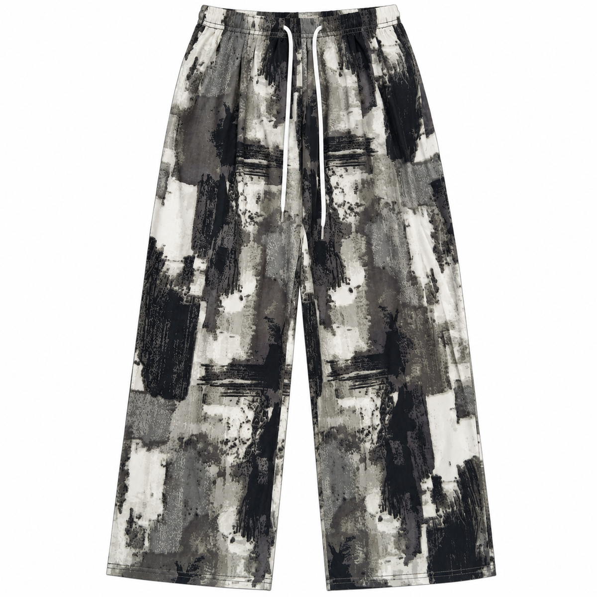 Women’s black grey and white abstract print wide-leg pants front view