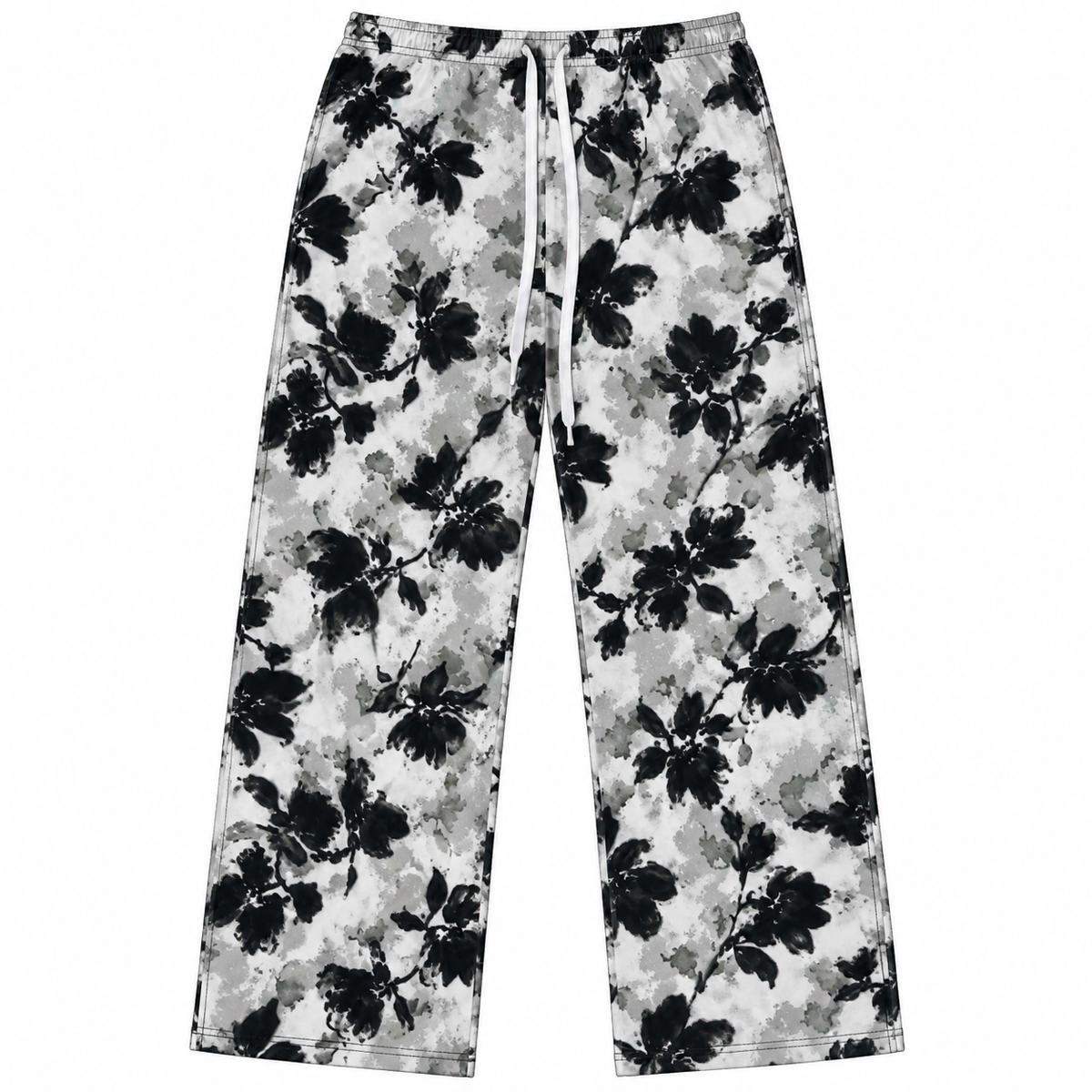 Women’s black grey and white floral print wide-leg pants front view