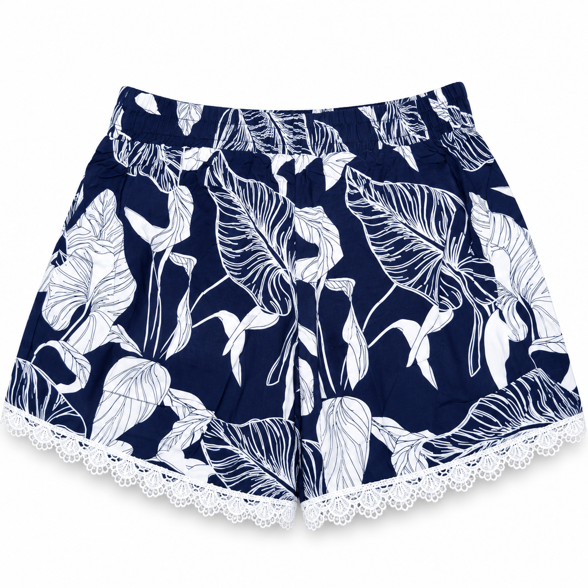 Women's navy blue and white botanical leaf lounge shorts with elastic waistband and white lace hem – back view