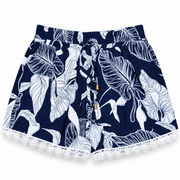 Women's navy blue botanical leaf lounge shorts with white tropical leaf print and scalloped lace trim – front view