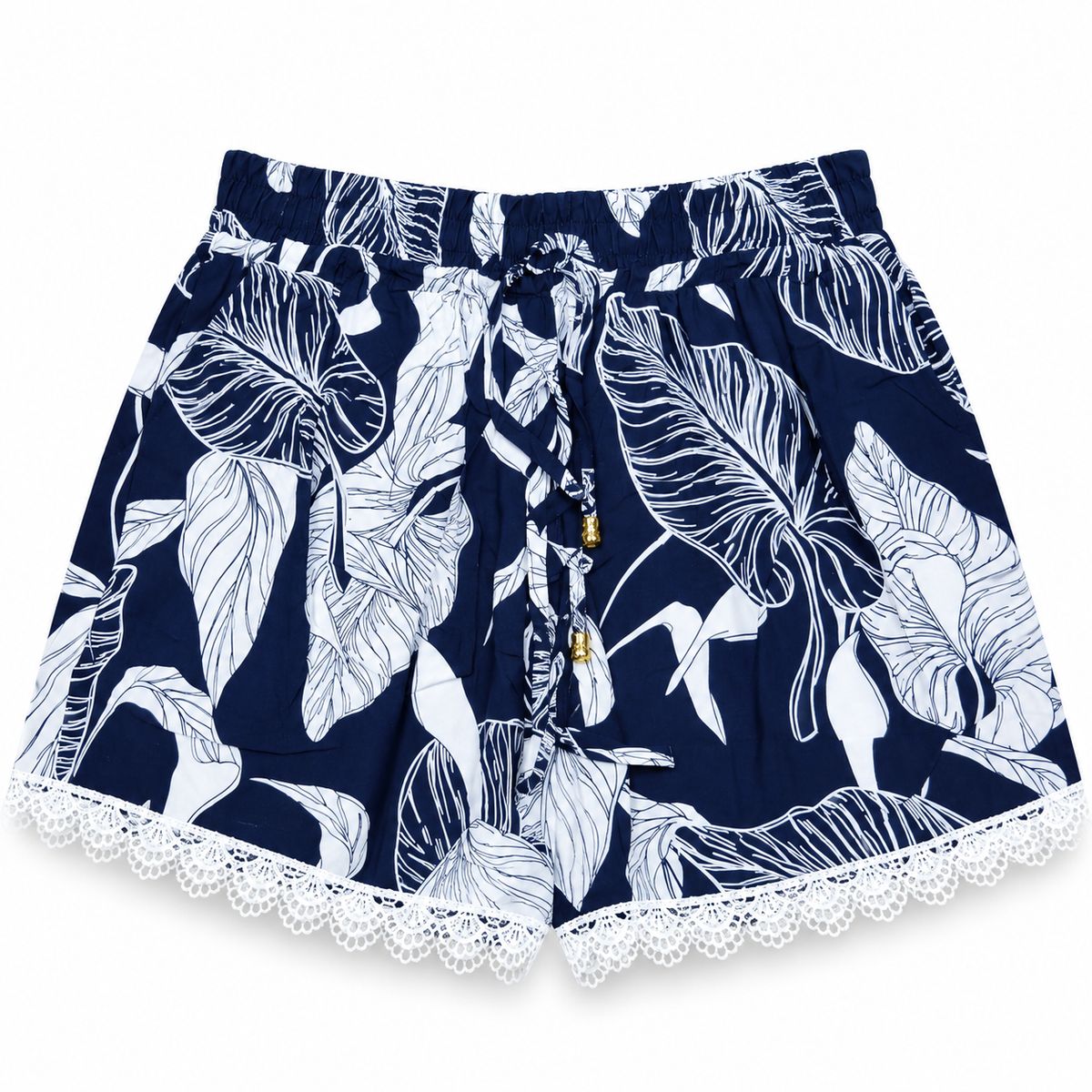 Women's navy blue botanical leaf lounge shorts with white tropical leaf print and scalloped lace trim – front view