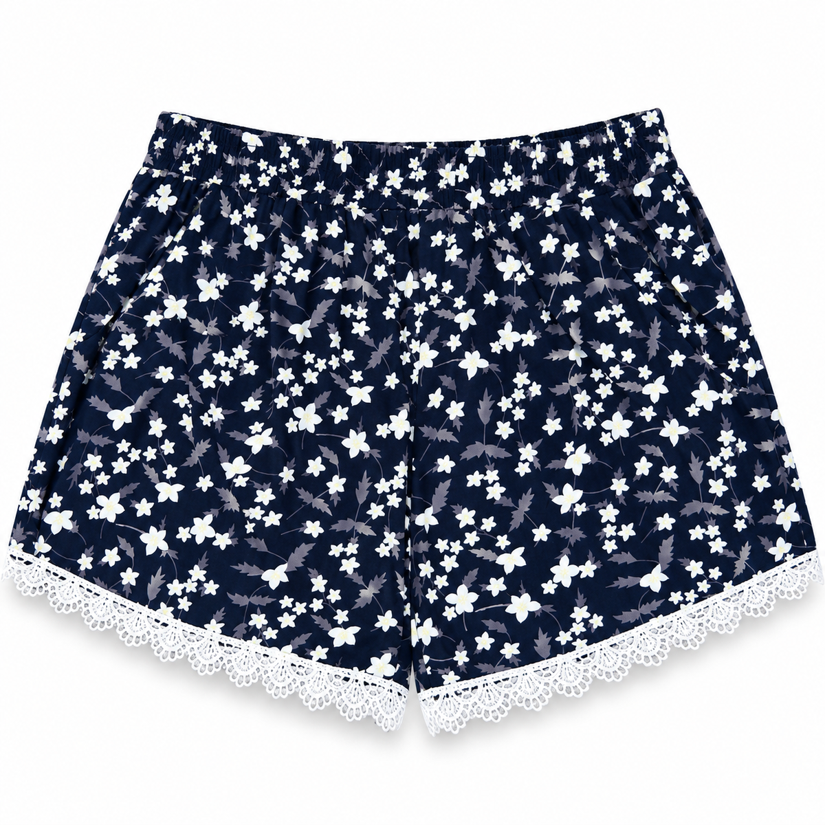 Women's navy blue ditsy floral lounge shorts with small white flowers, grey foliage and decorative lace hem – back view