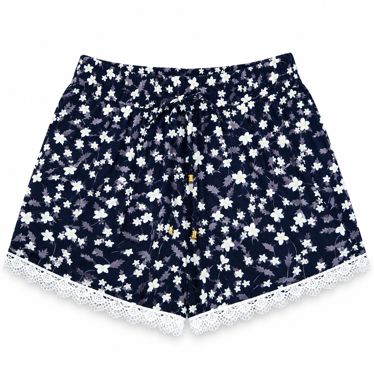 Women's navy blue ditsy floral lounge shorts with white lace trim and elastic waistband – front view