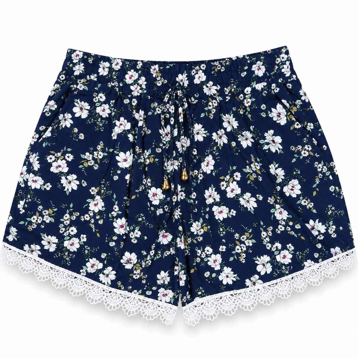Women's navy blue floral lounge shorts with white lace trim, elastic waistband and adjustable drawstring – front view