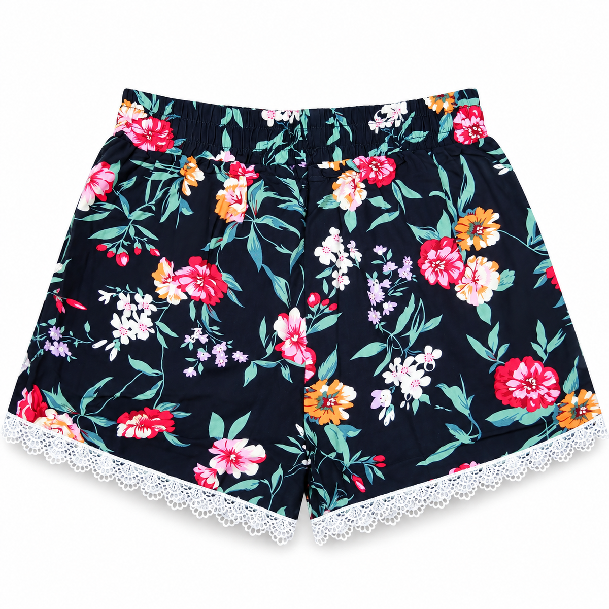 Women's navy blue floral lounge shorts with pink, orange and white flowers and decorative white lace hem – back view