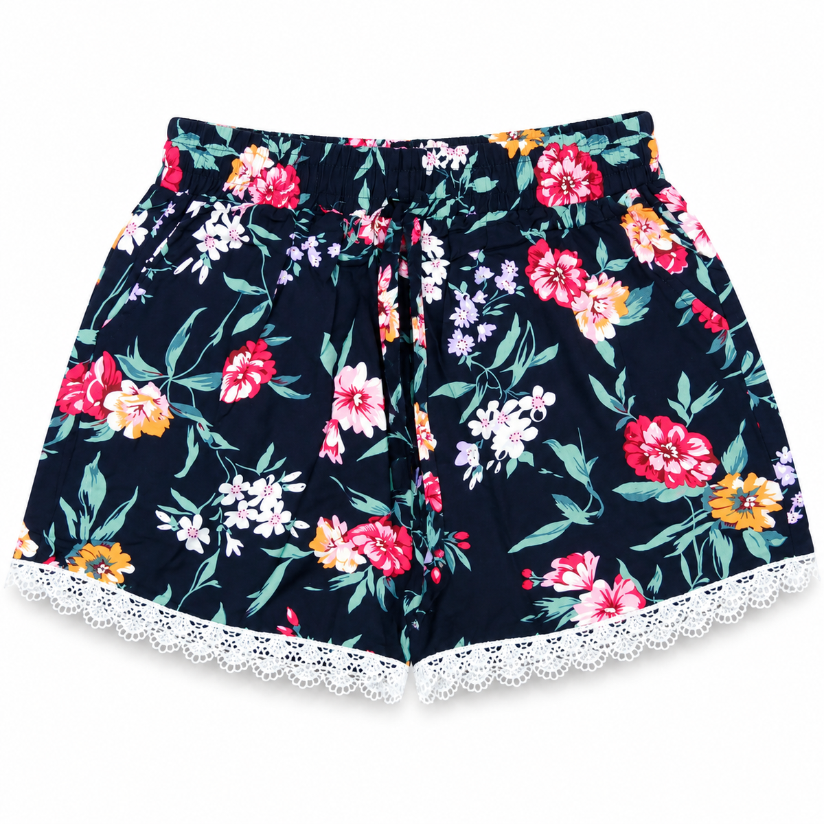 Women's navy blue multicolor floral lounge shorts with white lace trim and elastic waistband – front view