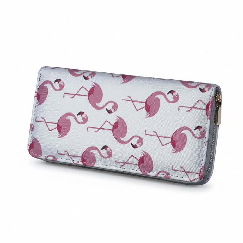 Women's zip-around wallet featuring a pink flamingo pattern print on a light background