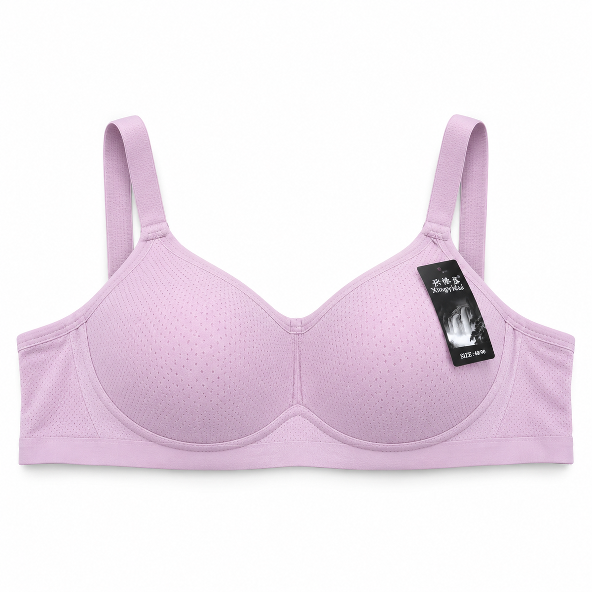 Women's light pink seamless padded bra with wide shoulder straps and fine perforated texture