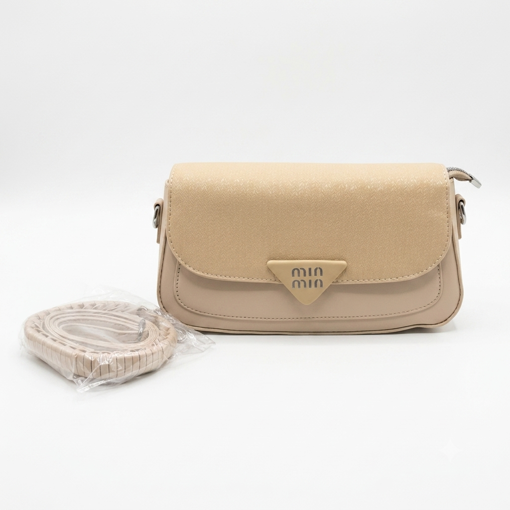Front view of a structured beige shoulder bag for women with a triangle emblem closure and matching strap