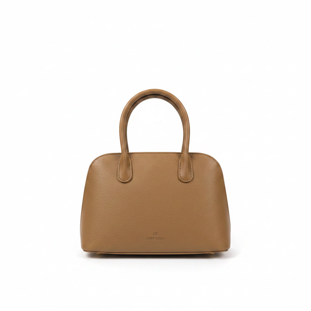 Textured beige women's top handle handbag showing the back view with brand logo