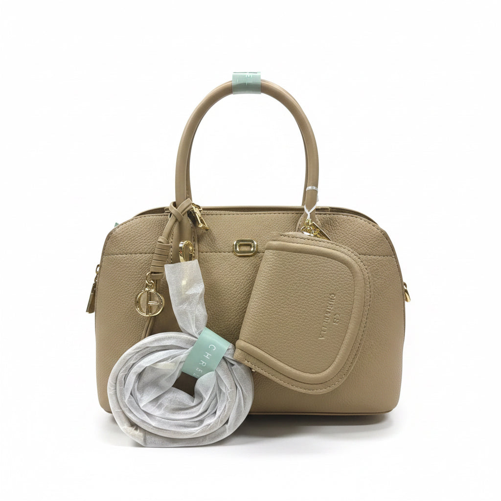 Front view of the textured beige women's handbag with dual zippers and attached matching pouch
